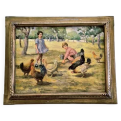 Tableau Huile sur Toile "Enfants à la Ferme" Signé Lo Presti - Cadre Doré (