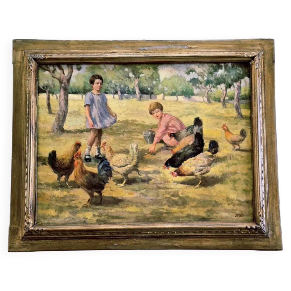 Tableau Huile sur Toile "Enfants à la Ferme" Signé Lo Presti - Cadre Doré (