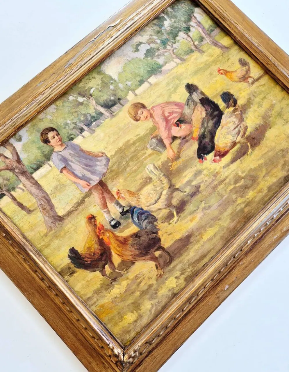Tableau Huile sur Toile "Enfants à la Ferme" Signé Lo Presti - Cadre Doré (