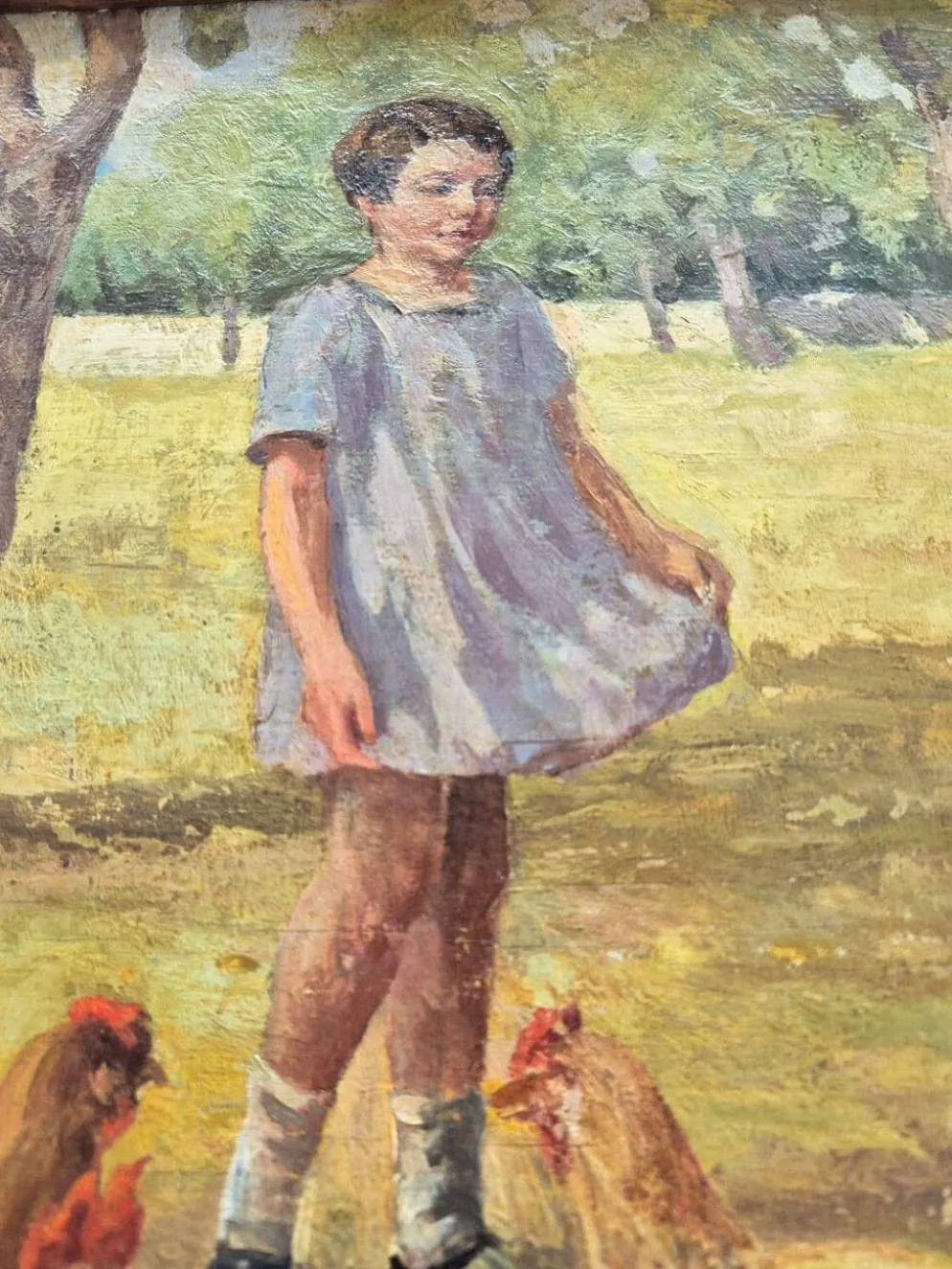 Tableau Huile sur Toile "Enfants à la Ferme" Signé Lo Presti - Cadre Doré (