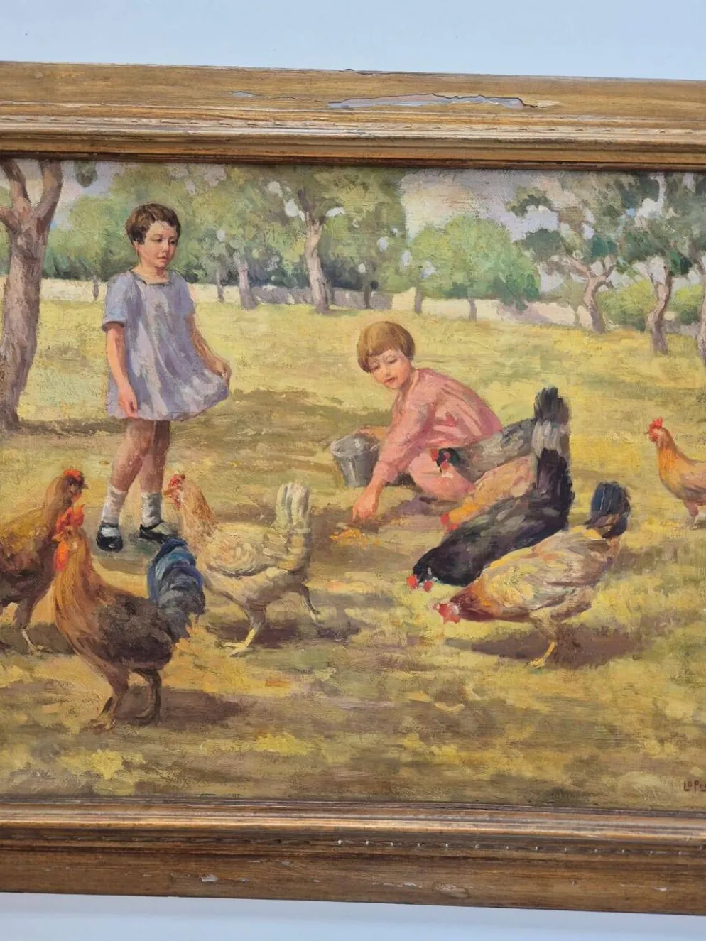 Tableau Huile sur Toile "Enfants à la Ferme" Signé Lo Presti - Cadre Doré (