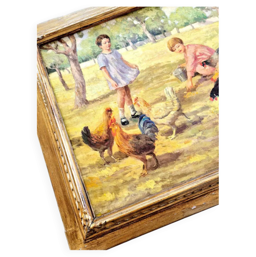 Tableau Huile sur Toile "Enfants à la Ferme" Signé Lo Presti - Cadre Doré (