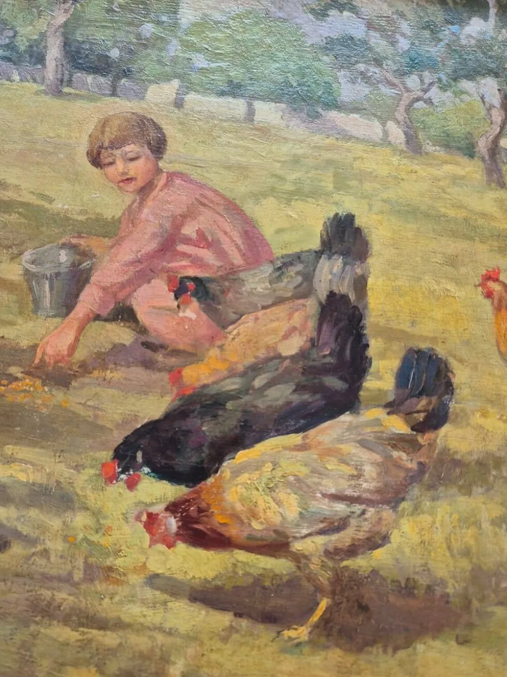 Tableau Huile sur Toile "Enfants à la Ferme" Signé Lo Presti - Cadre Doré (