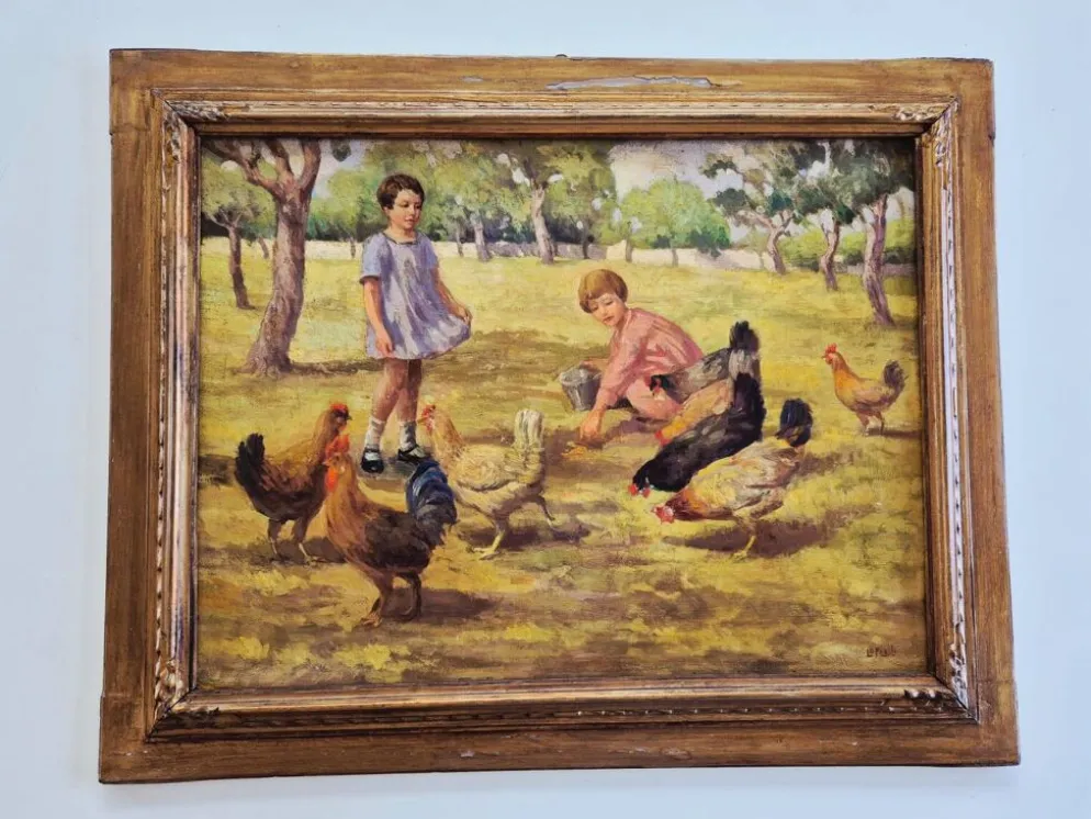 Tableau Huile sur Toile "Enfants à la Ferme" Signé Lo Presti - Cadre Doré (