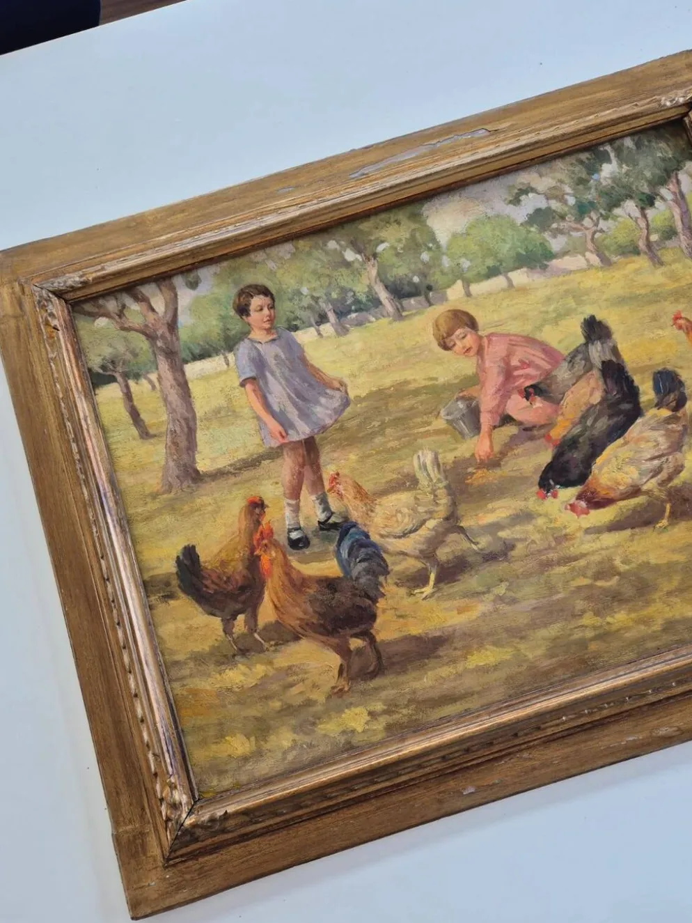 Tableau Huile sur Toile "Enfants à la Ferme" Signé Lo Presti - Cadre Doré (