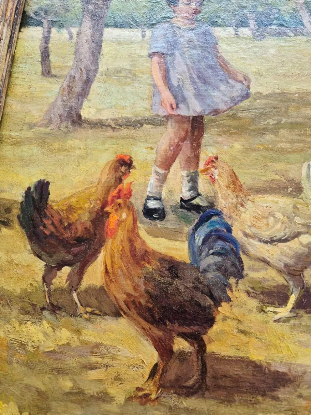 Tableau Huile sur Toile "Enfants à la Ferme" Signé Lo Presti - Cadre Doré (