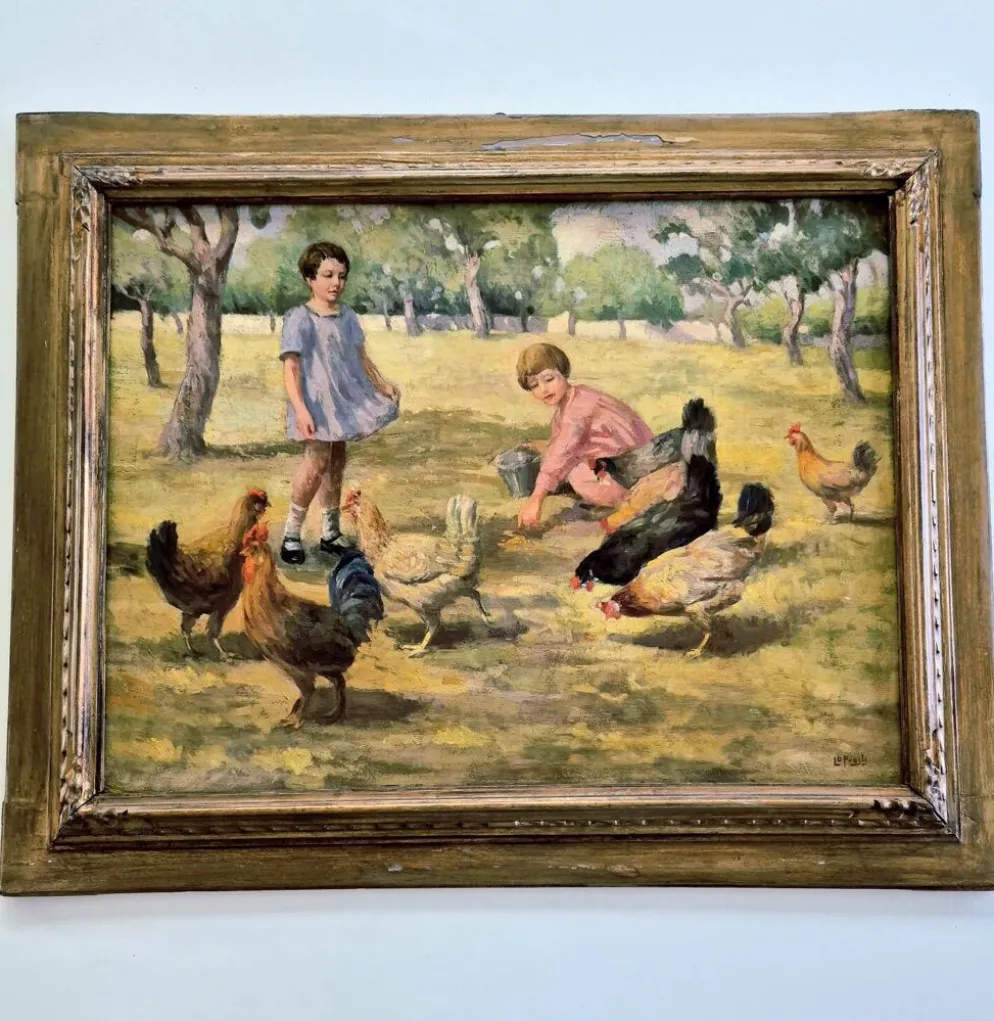 Tableau Huile sur Toile "Enfants à la Ferme" Signé Lo Presti - Cadre Doré (