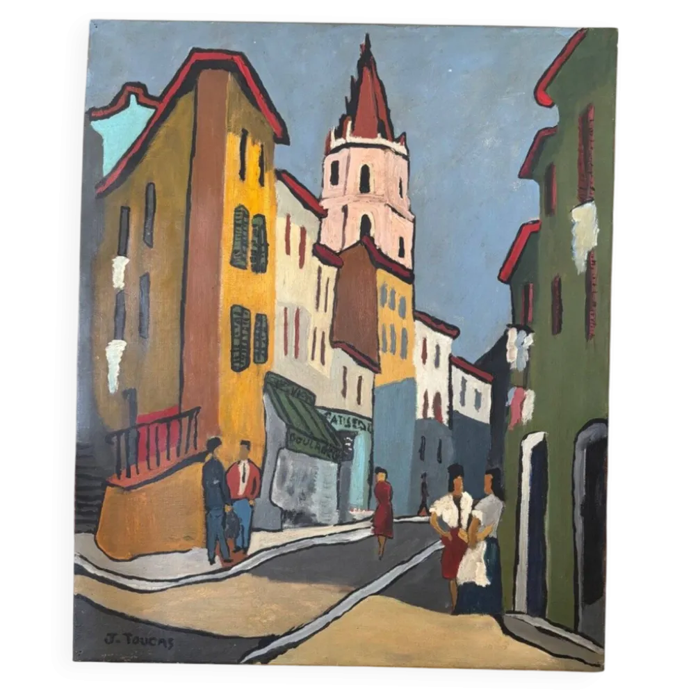 Tableau huile sur toile Marseille signée J. Toucas 1964 style fauvist
