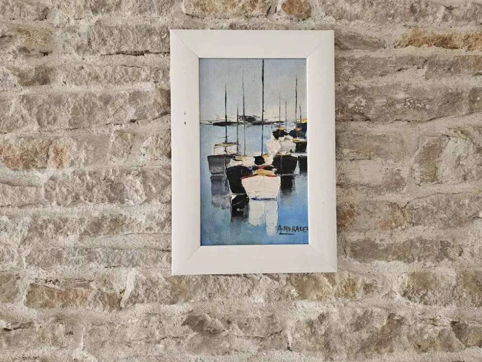 Tableau Huile sur Toile Paysage Marine Voiliers au mouillage Signé Morales