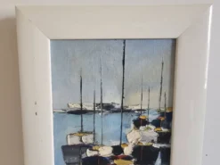 Tableau Huile sur Toile Paysage Marine Voiliers au mouillage Signé Morales