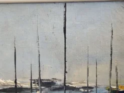 Tableau Huile sur Toile Paysage Marine Voiliers au mouillage Signé Morales