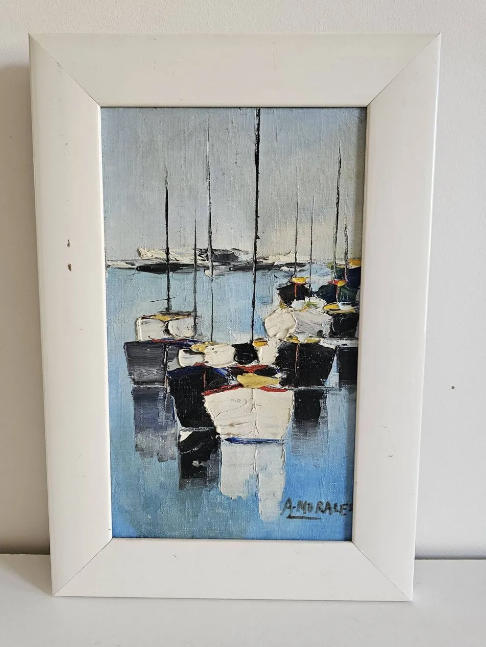 Tableau Huile sur Toile Paysage Marine Voiliers au mouillage Signé Morales