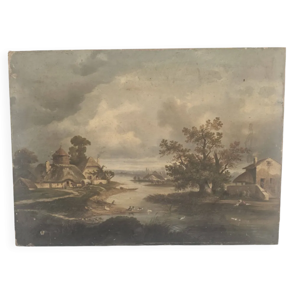 Tableau Huile sur Toile Paysage de campagne école XIX - Signé C. Rougeot 18