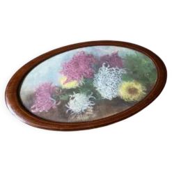 Tableau nature morte aux dahlias, huile sur toile, format ovale – époque 1900