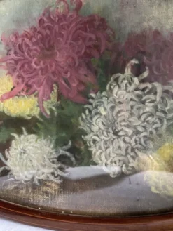 Tableau nature morte aux dahlias, huile sur toile, format ovale – époque 1900