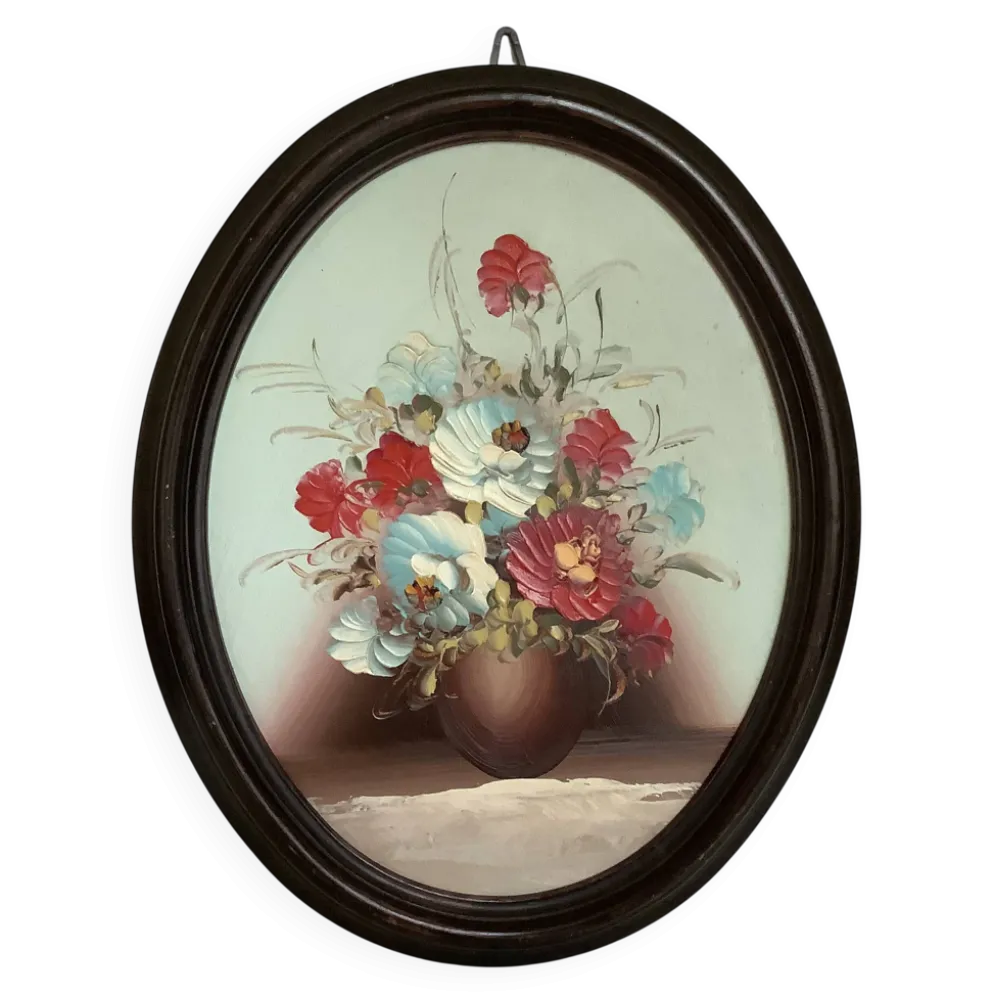 Tableau ovale bouquet de fleurs huile sur panneau