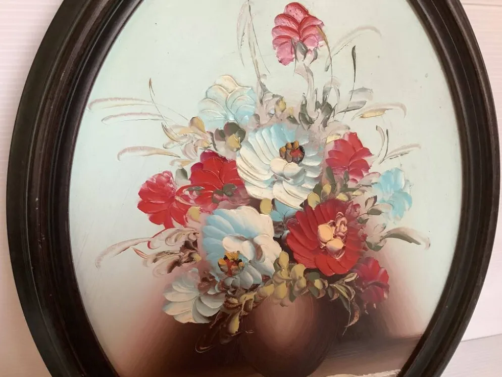 Tableau ovale bouquet de fleurs huile sur panneau