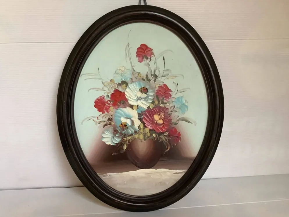 Tableau ovale bouquet de fleurs huile sur panneau