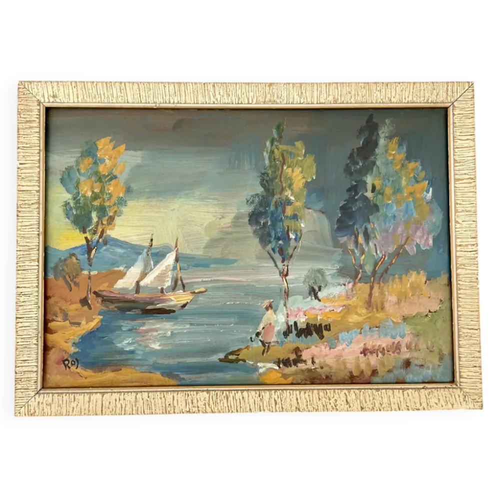 Tableau peinture huile impressionniste paysage marin voilier