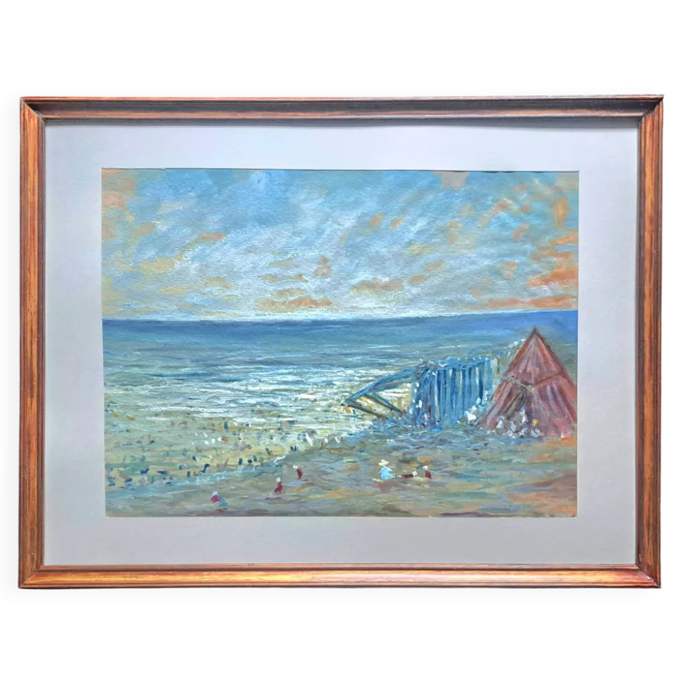 Tableau post-impressionniste à l'aquarelle "Plage de Guéthary" Pays Basque, 1920