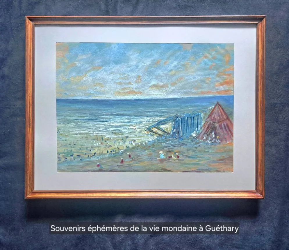 Tableau post-impressionniste à l'aquarelle "Plage de Guéthary" Pays Basque, 1920
