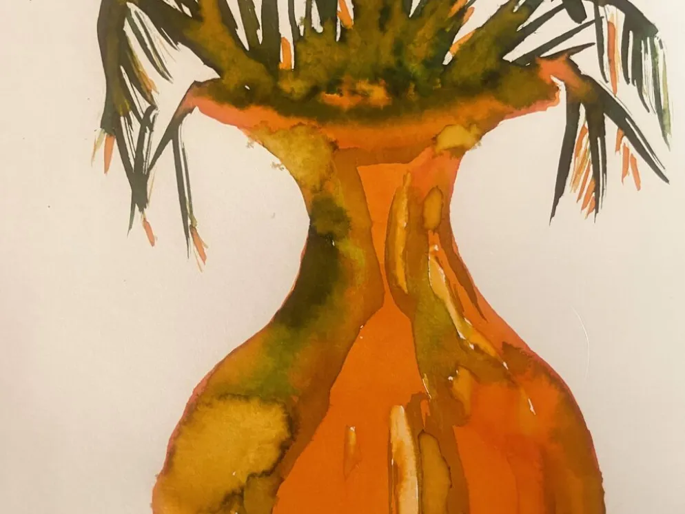 Tableau signé, nature morte « jarre provençale ornée de plantes »