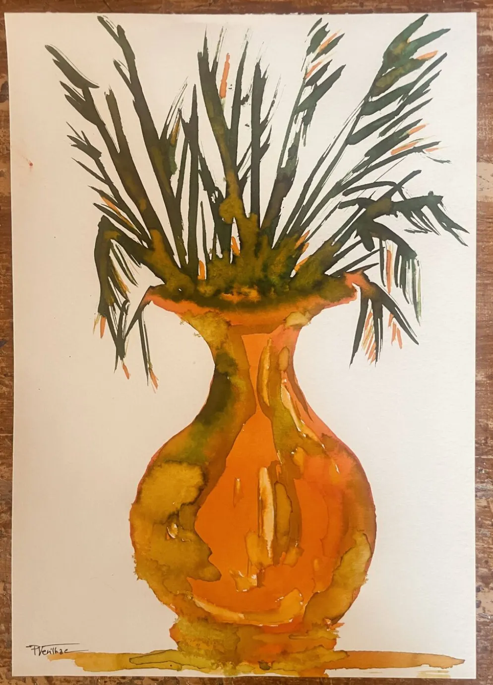 Tableau signé, nature morte « jarre provençale ornée de plantes »