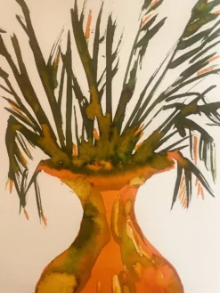 Tableau signé, nature morte « jarre provençale ornée de plantes »