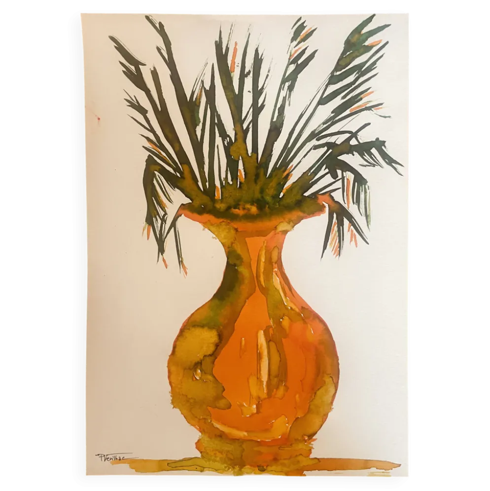 Tableau signé, nature morte « jarre provençale ornée de plantes »