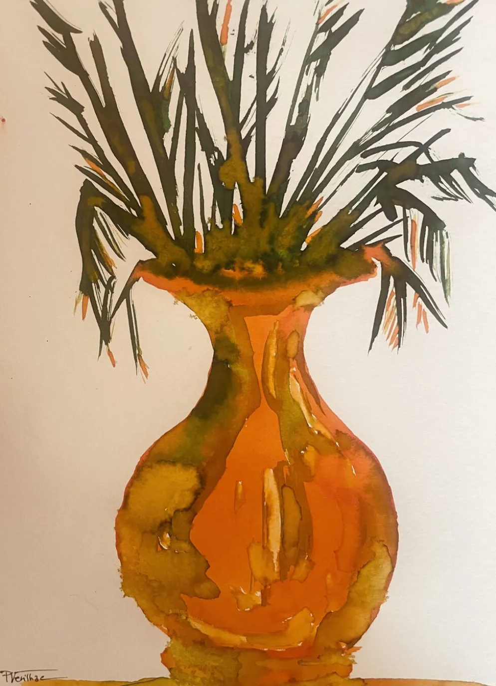 Tableau signé, nature morte « jarre provençale ornée de plantes »