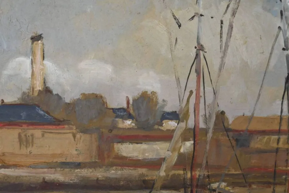 Tableau « Thoniers à Quai », huile sur panneau, signé G. Boulard – Milieu XXe