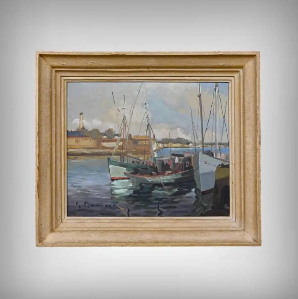 Tableau « Thoniers à Quai », huile sur panneau, signé G. Boulard – Milieu XXe