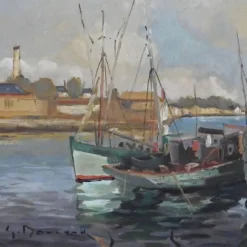 Tableau « Thoniers à Quai », huile sur panneau, signé G. Boulard – Milieu XXe