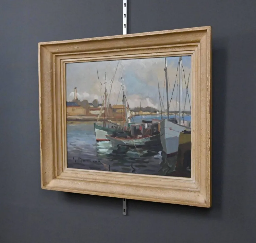 Tableau « Thoniers à Quai », huile sur panneau, signé G. Boulard – Milieu XXe
