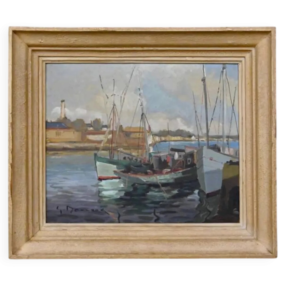 Tableau « Thoniers à Quai », huile sur panneau, signé G. Boulard – Milieu XXe