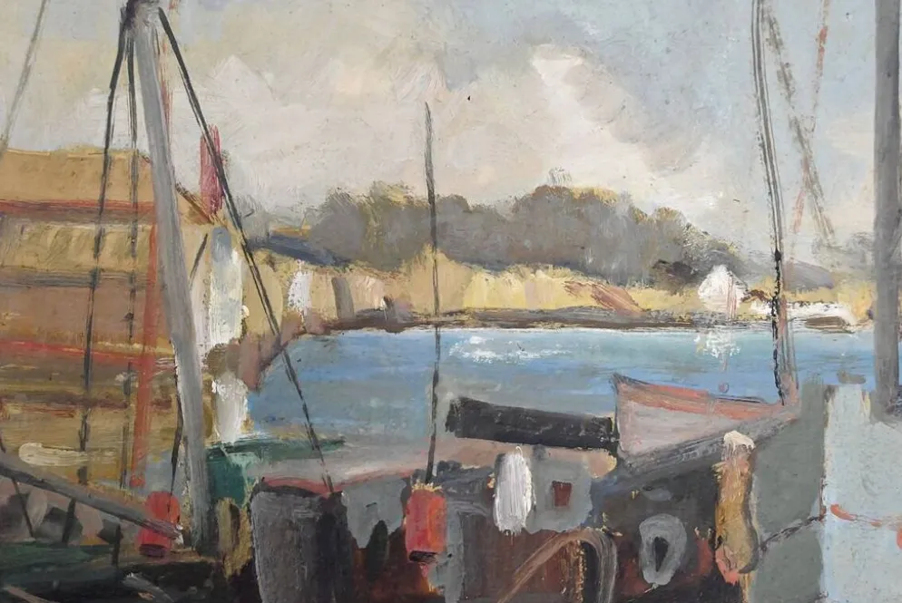 Tableau « Thoniers à Quai », huile sur panneau, signé G. Boulard – Milieu XXe