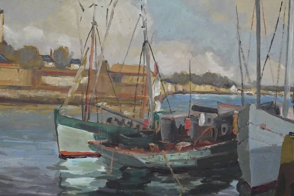 Tableau « Thoniers à Quai », huile sur panneau, signé G. Boulard – Milieu XXe