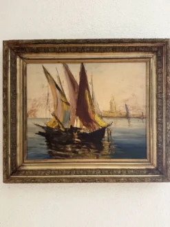 Tableau très ancien d'un port de Méditerranée