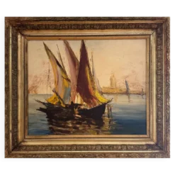 Tableau très ancien d'un port de Méditerranée