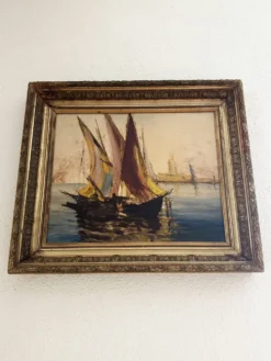 Tableau très ancien d'un port de Méditerranée