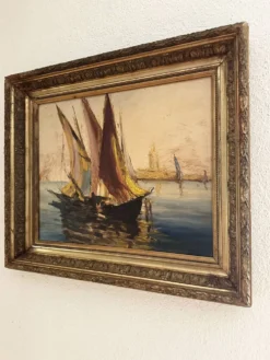 Tableau très ancien d'un port de Méditerranée