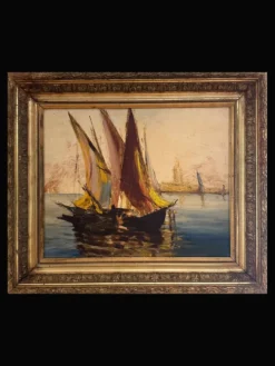 Tableau très ancien d'un port de Méditerranée