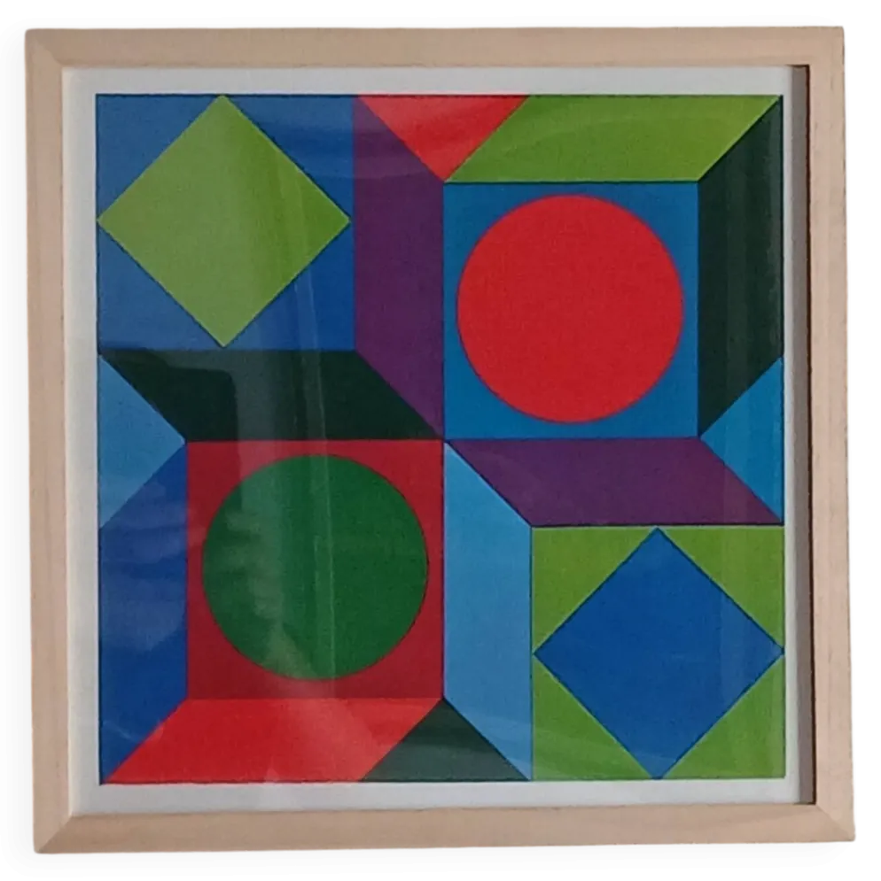 Tableau Vintage Art Optique - Géométrie Cinétique - Cadre bois 30x30cm