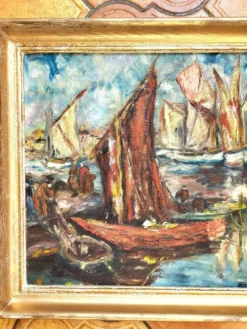 Tableau Vintage - Marine à l'Huile sur Toile, Signé J. Paradis – XXe