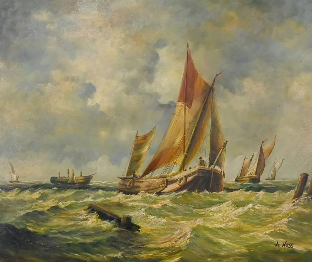 Tableau « Voiliers en mer agitée » signé Albert Hess – Milieu XXe