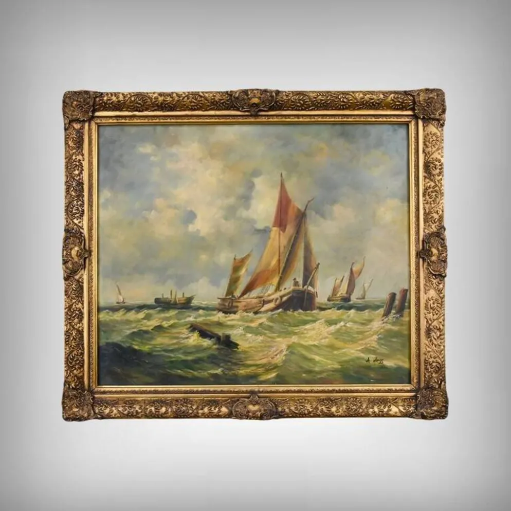 Tableau « Voiliers en mer agitée » signé Albert Hess – Milieu XXe