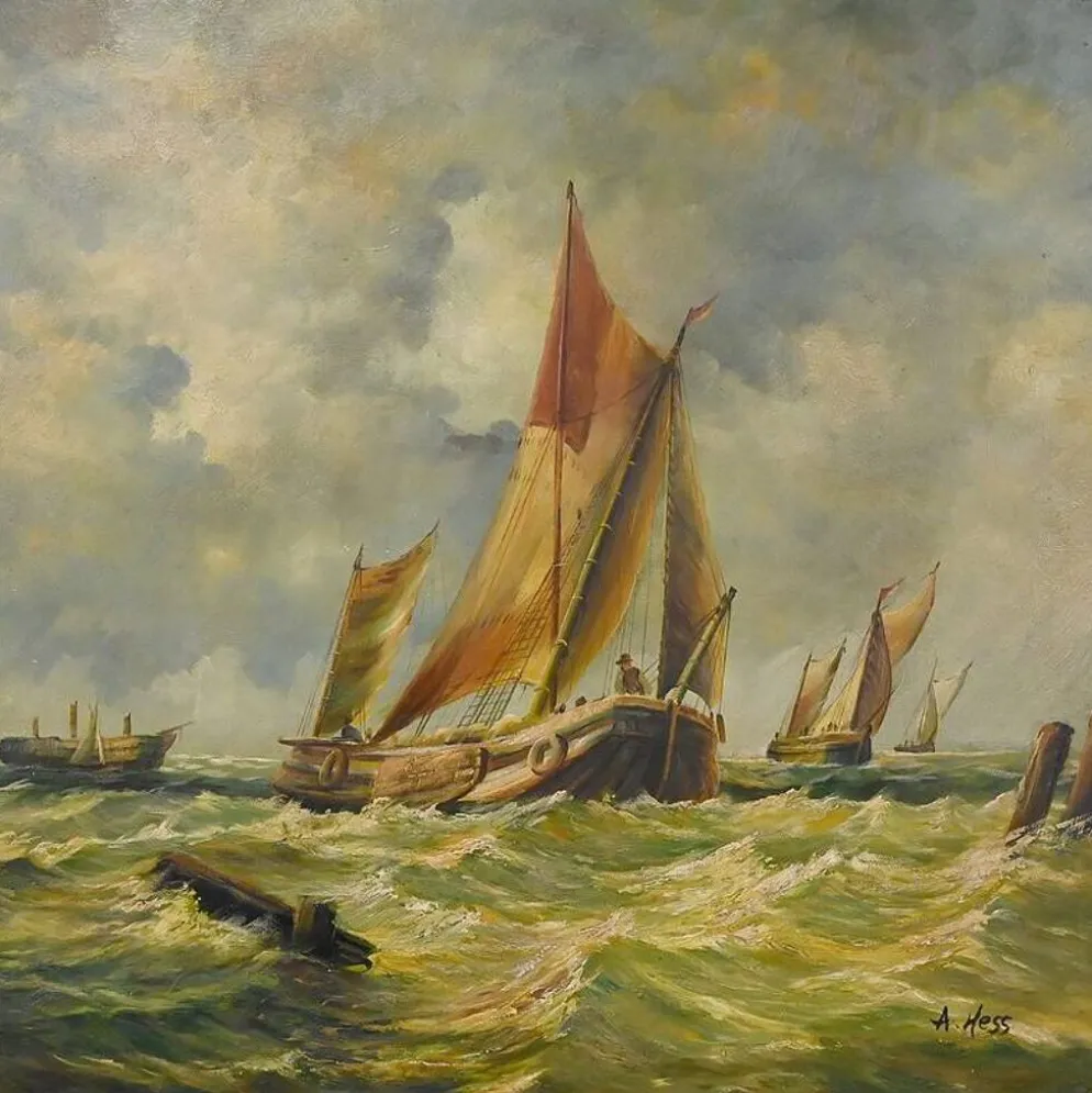 Tableau « Voiliers en mer agitée » signé Albert Hess – Milieu XXe