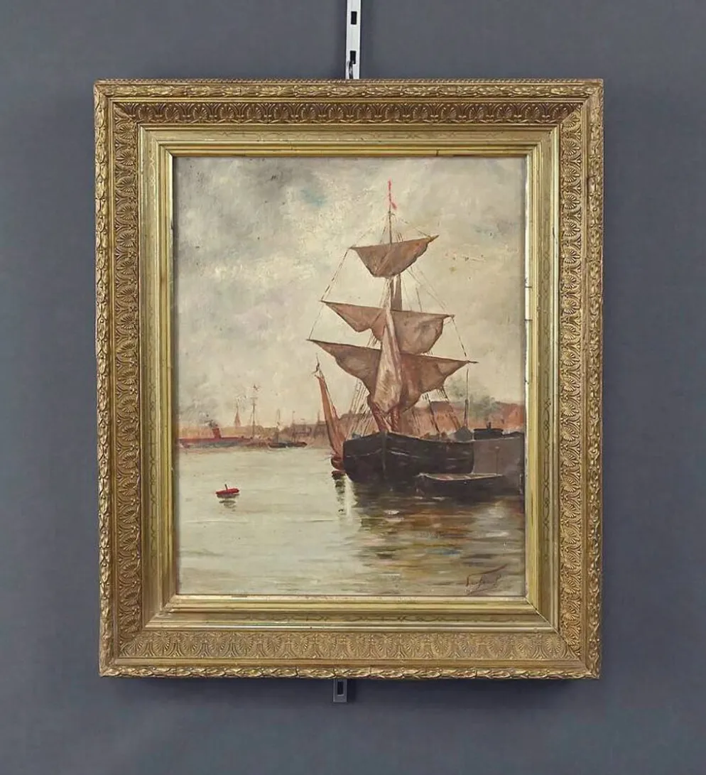 Tableau « Voilier sur mer calme », huile sur toile – fin XIXe