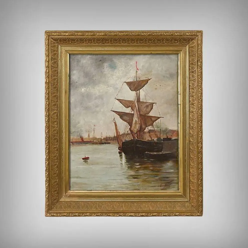 Tableau « Voilier sur mer calme », huile sur toile – fin XIXe