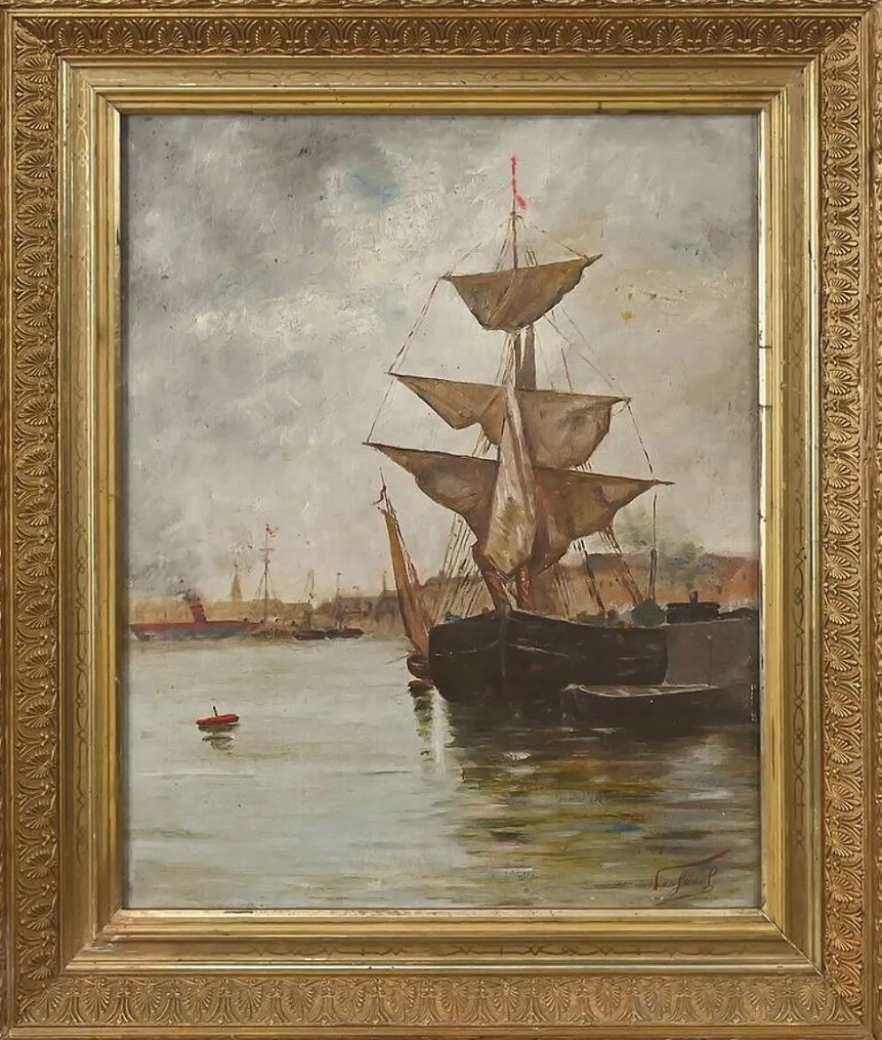 Tableau « Voilier sur mer calme », huile sur toile – fin XIXe